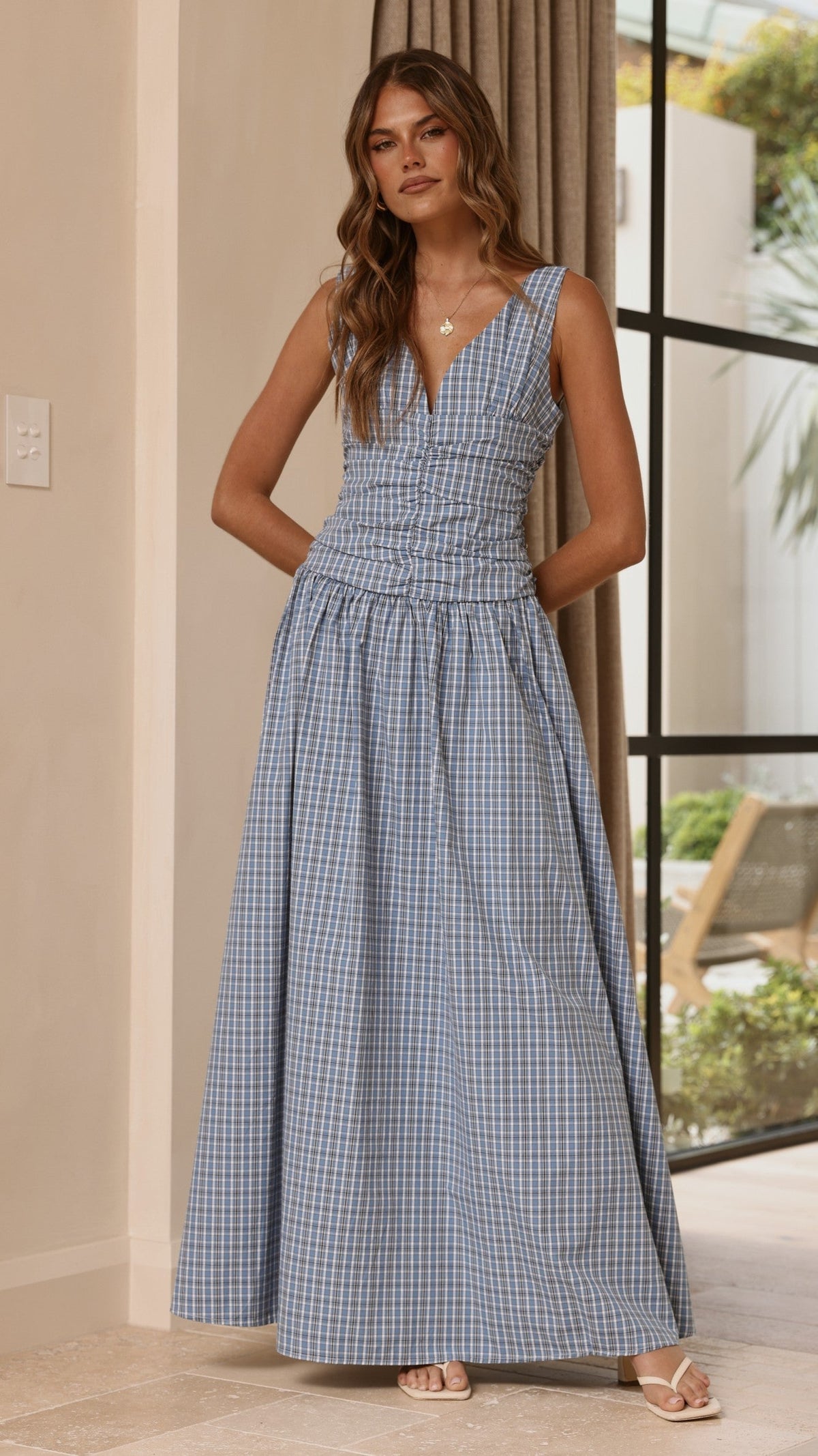 Sanya V-Neck A-Line Maxi Dress with Gathered Waist – Blue Check – view 11