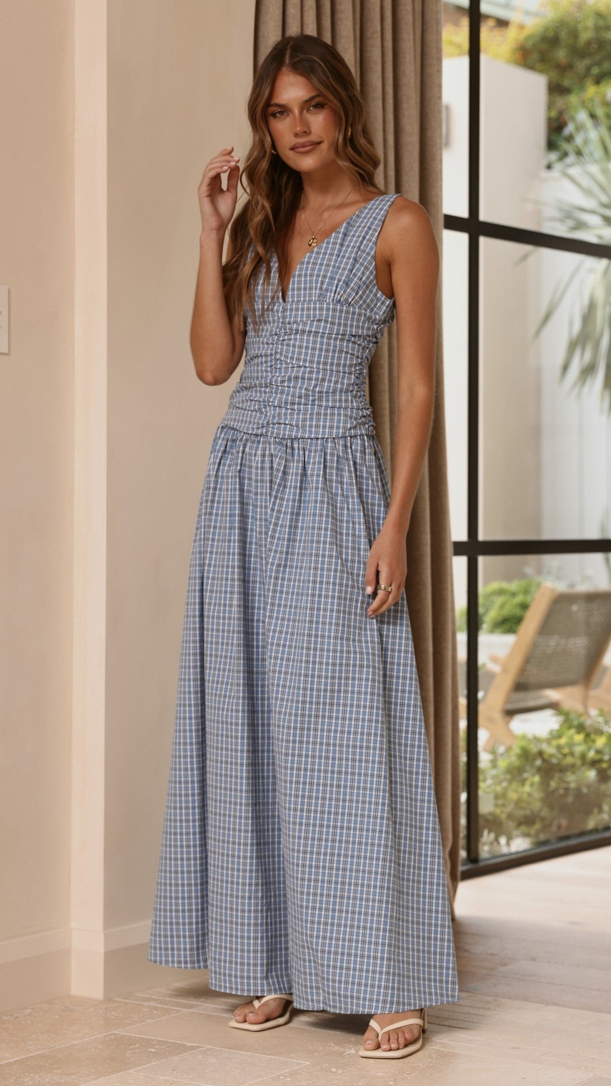 Sanya V-Neck A-Line Maxi Dress with Gathered Waist – Blue Check – view 12
