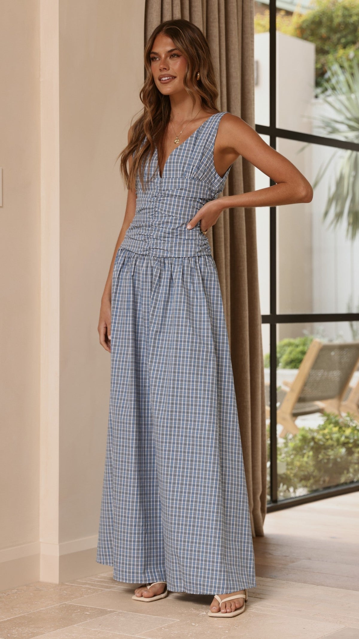 Sanya V-Neck A-Line Maxi Dress with Gathered Waist – Blue Check – view 5