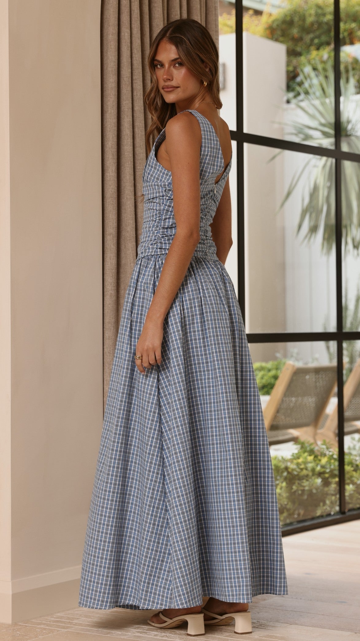 Sanya V-Neck A-Line Maxi Dress with Gathered Waist – Blue Check – view 3
