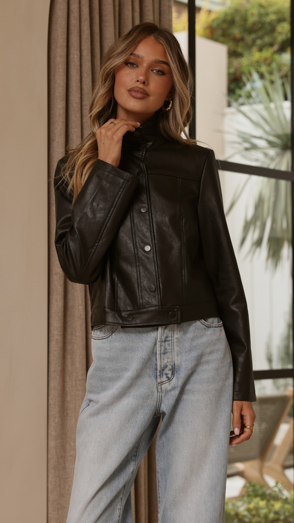 Mika Funnel Neck Button-Front Lined Jacket – Black – view 2