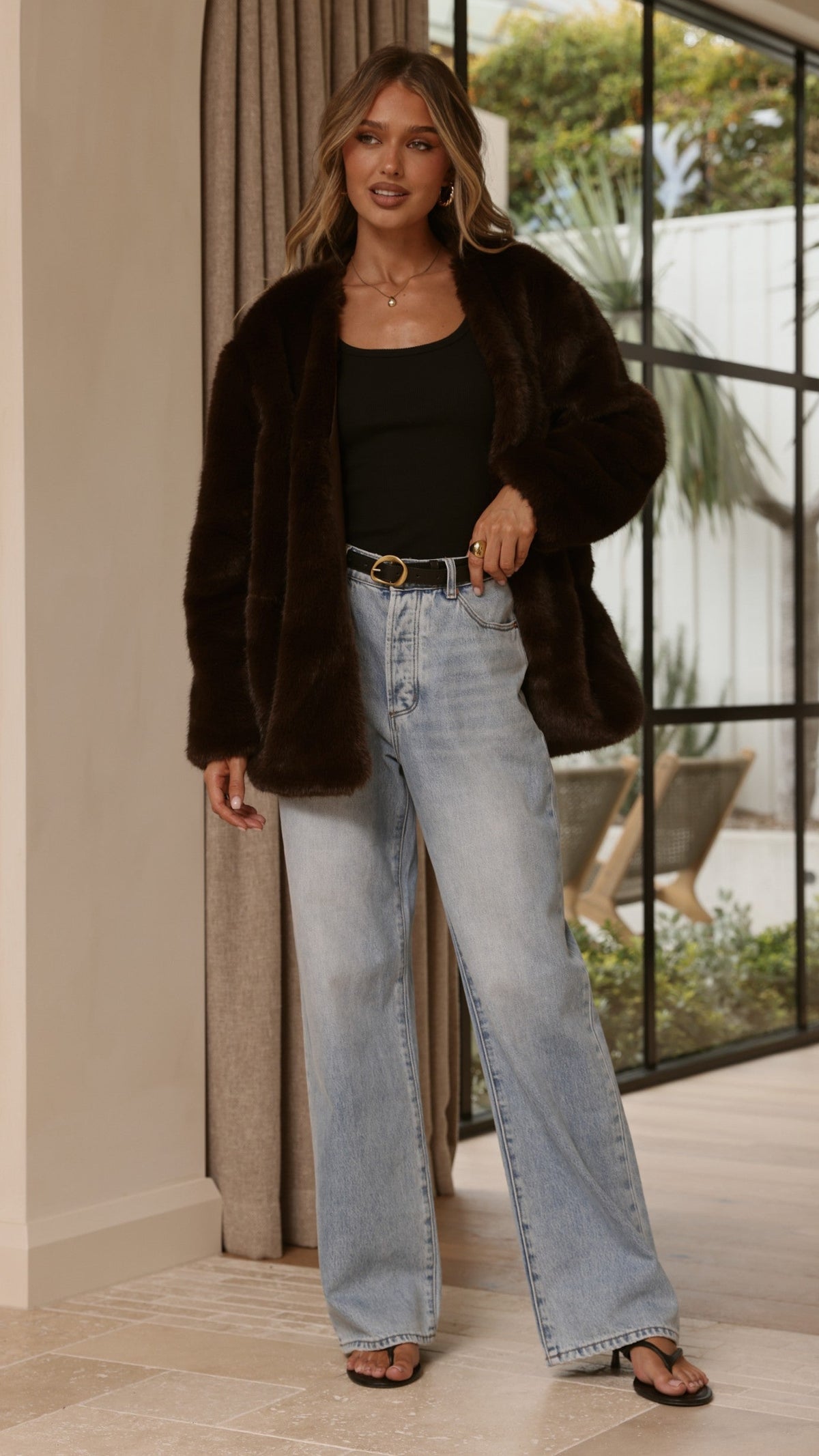 Marise Oversized V-Neck Faux Fur Jacket – Chocolate – view 3