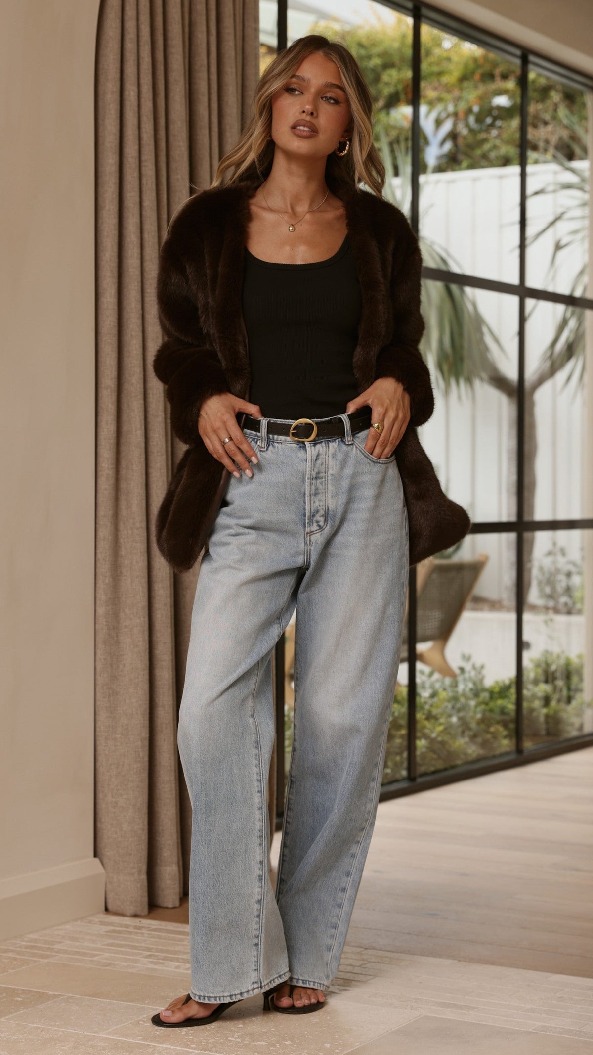 Marise Oversized V-Neck Faux Fur Jacket – Chocolate – view 4