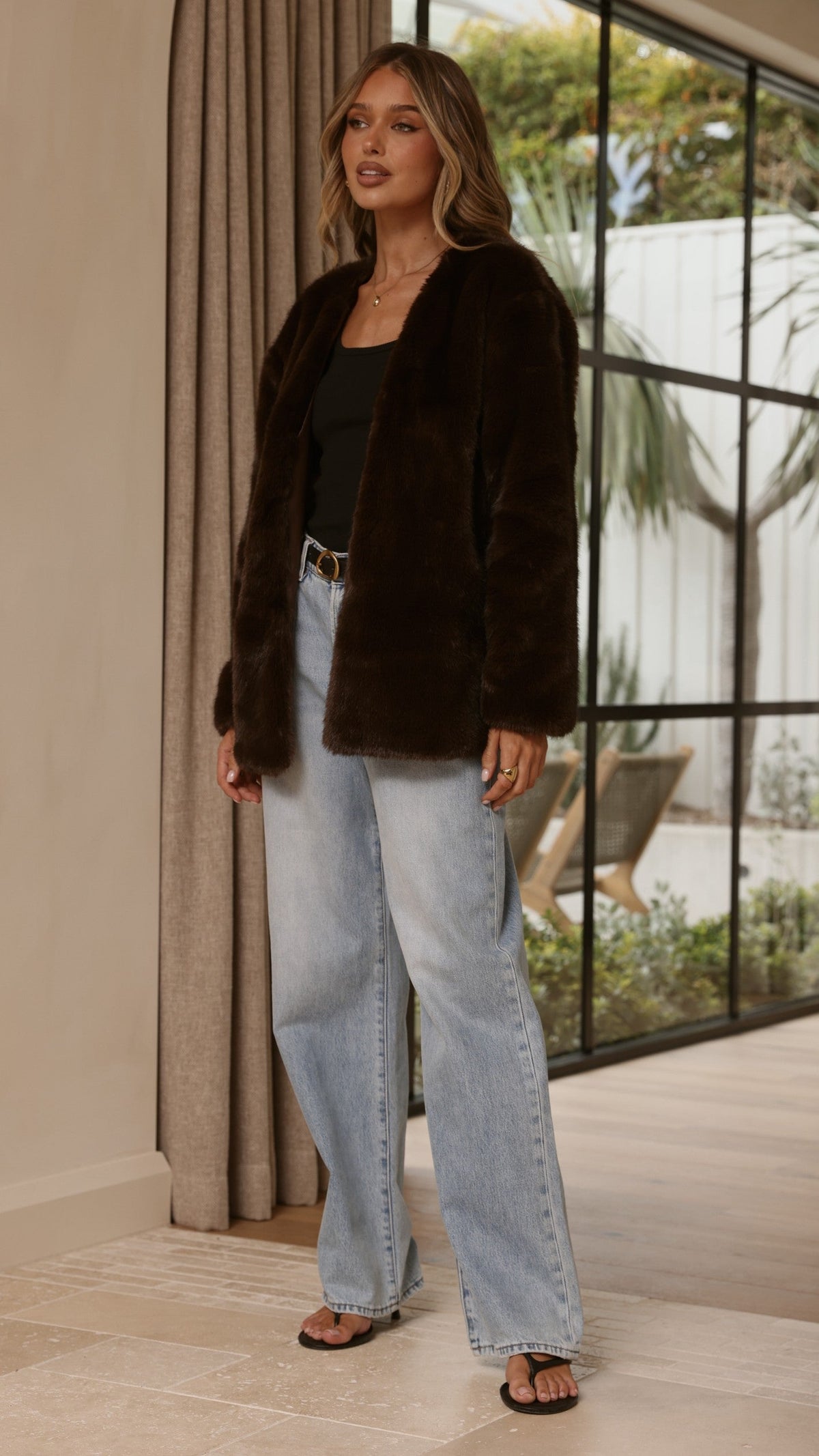 Marise Oversized V-Neck Faux Fur Jacket – Chocolate – view 6