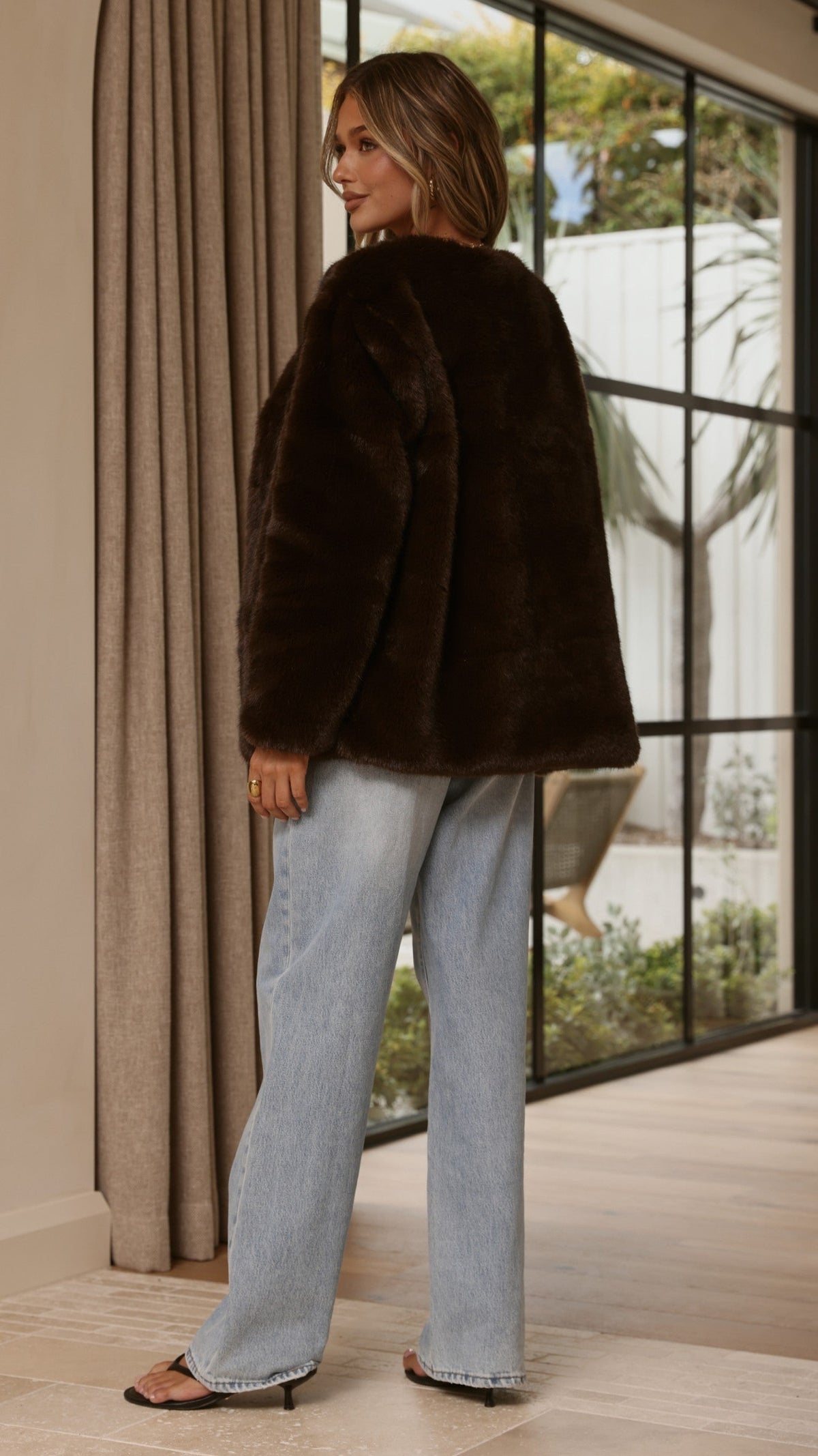 Marise Oversized V-Neck Faux Fur Jacket – Chocolate – view 2