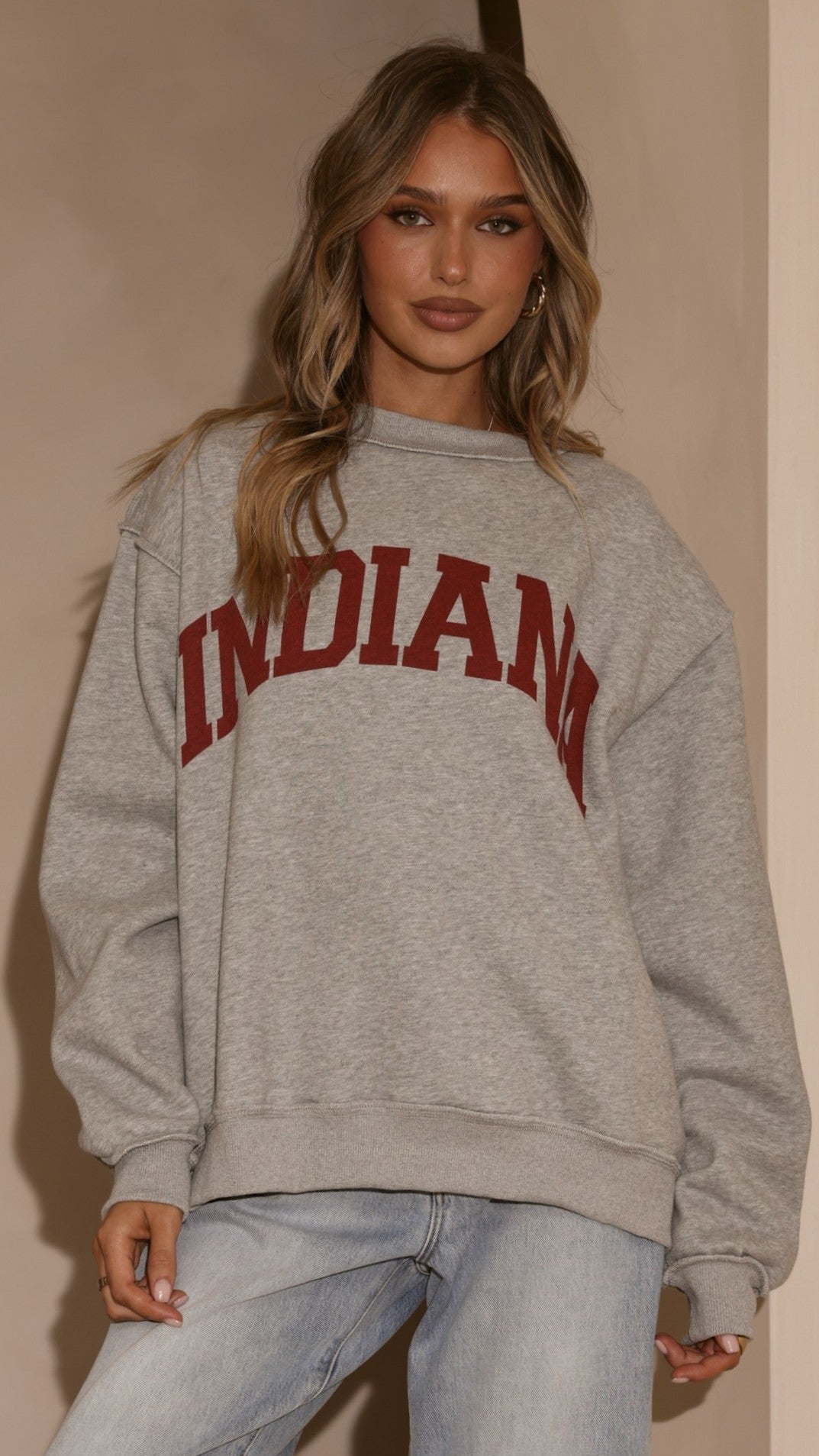 Indiana Boxy Crew Neck Jumper with Red Slogan Text – Grey