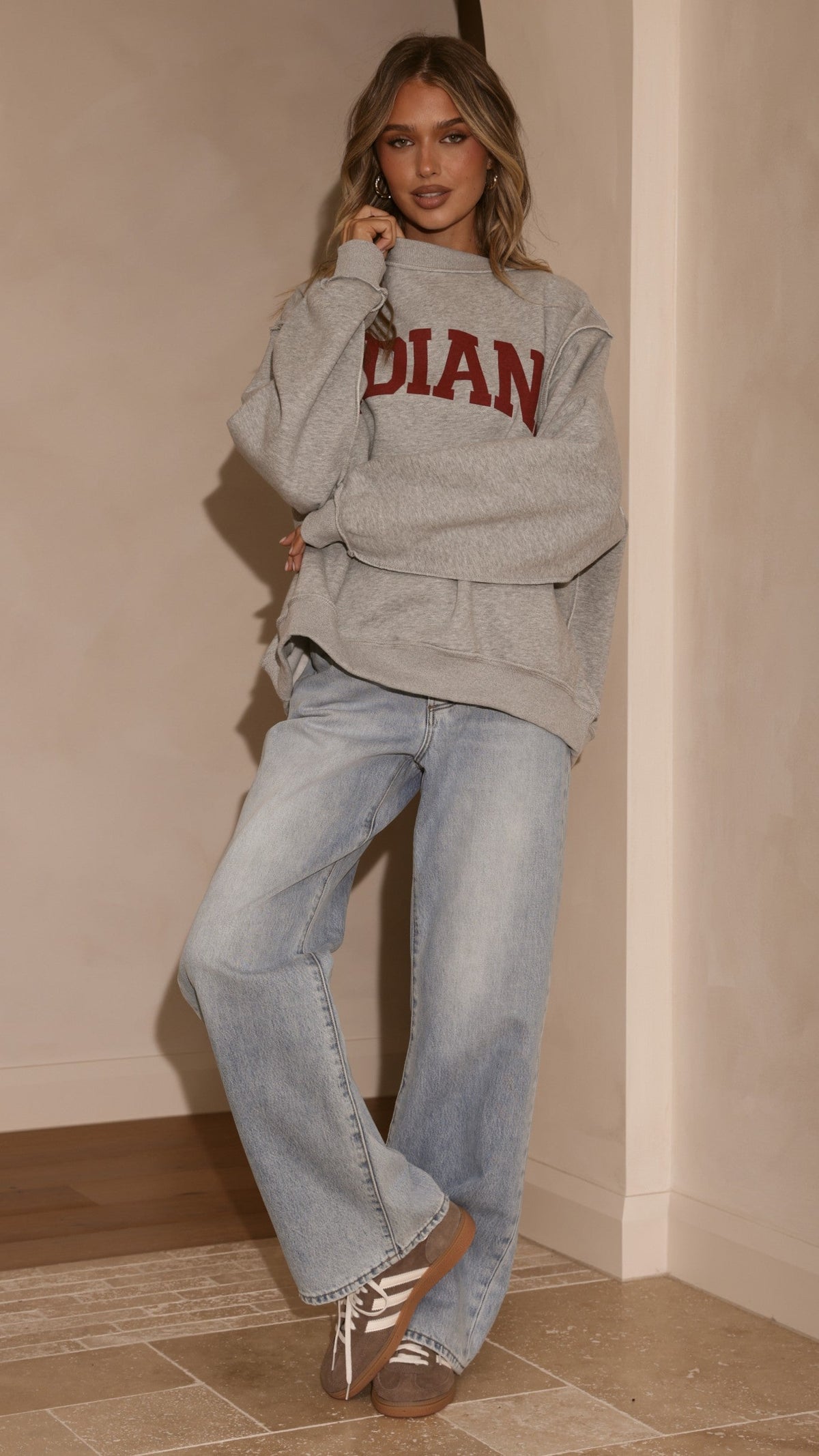 Indiana Boxy Crew Neck Jumper with Red Slogan Text – Grey – view 6