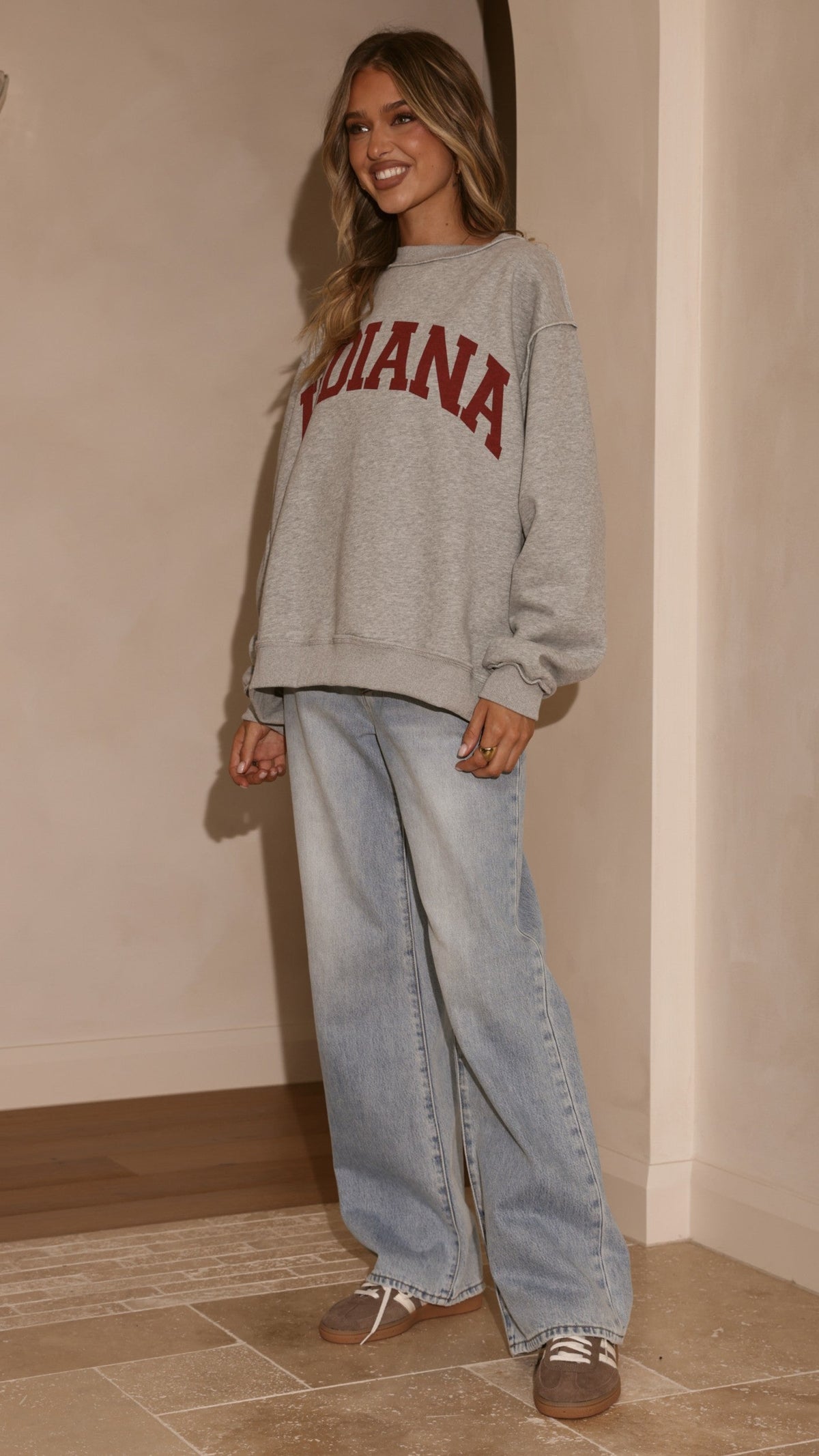 Indiana Boxy Crew Neck Jumper with Red Slogan Text – Grey – view 8