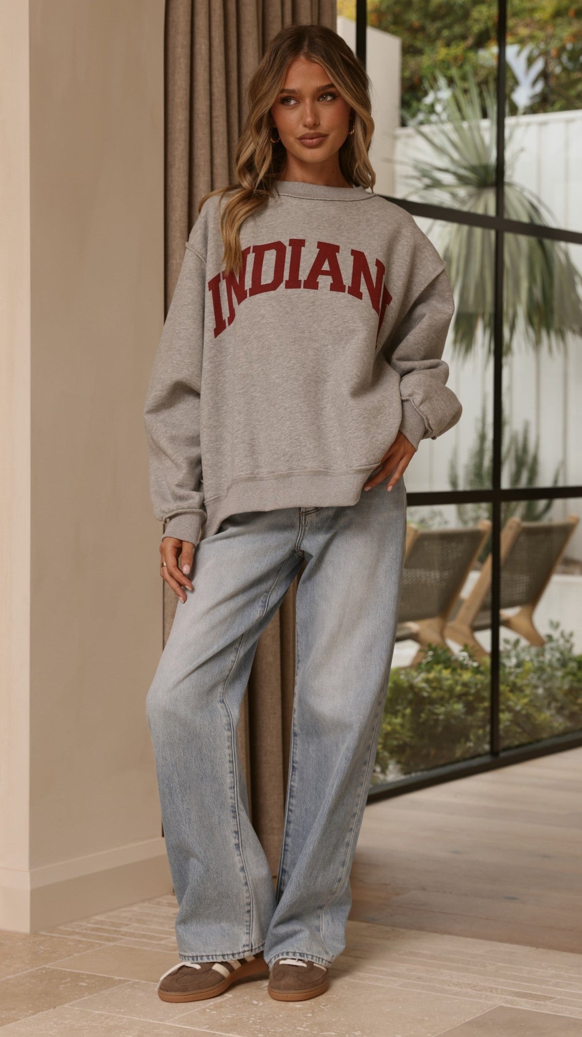 Indiana Boxy Crew Neck Jumper with Red Slogan Text – Grey – view 3