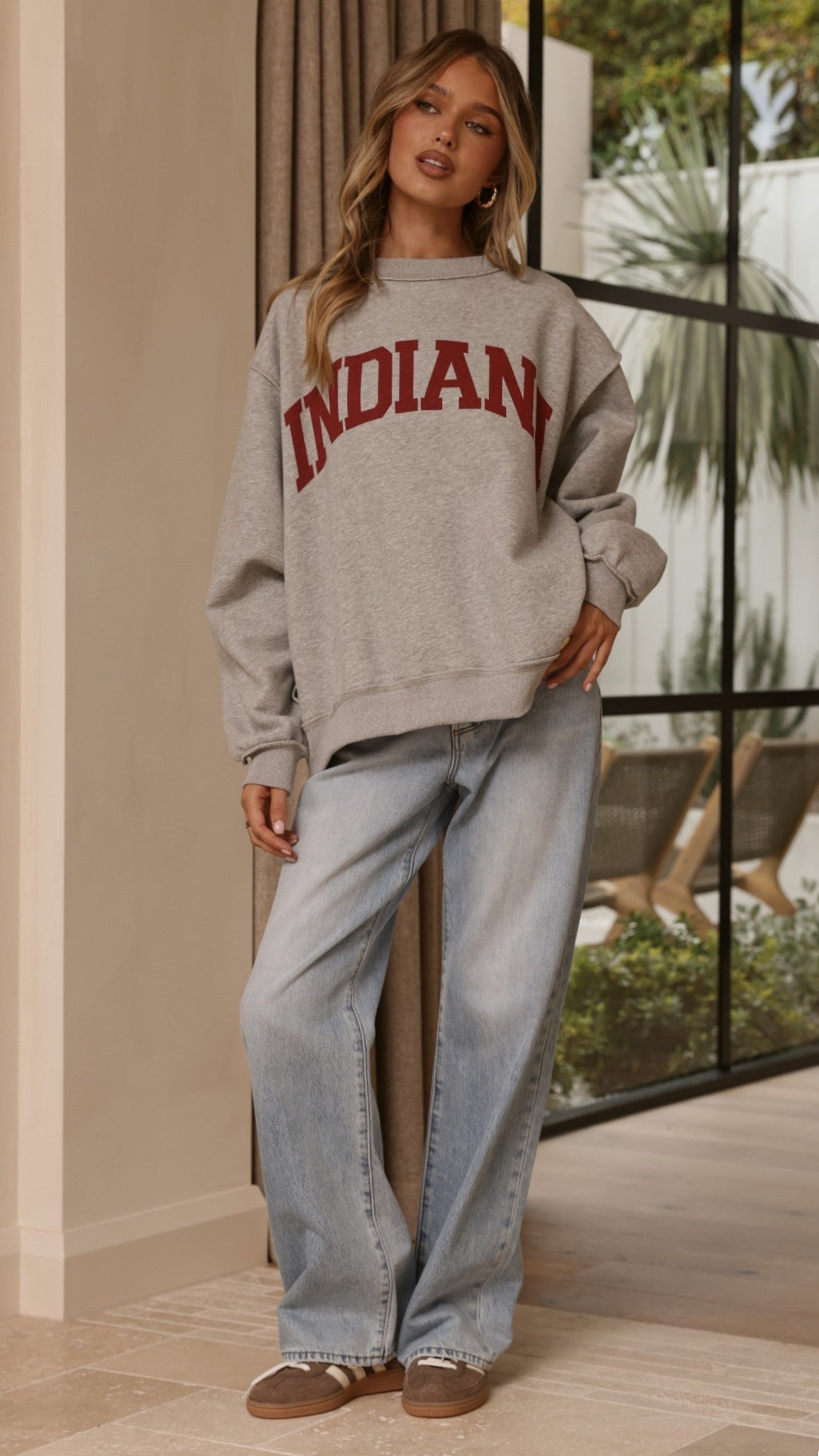 Indiana Boxy Crew Neck Jumper with Red Slogan Text – Grey – view 9