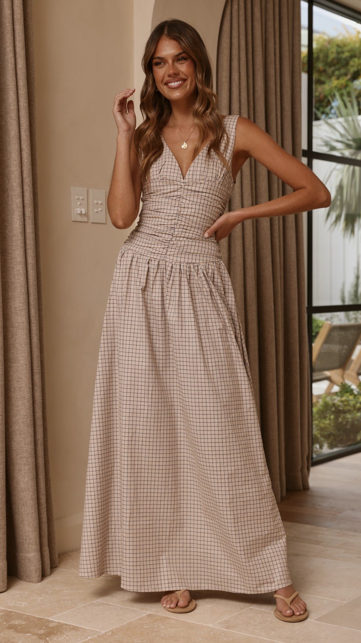 Sanya Cotton V-Neck A-Line Maxi Dress with Wide Straps – Beige Check