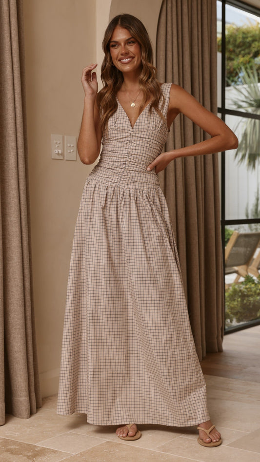 Sanya Cotton V-Neck A-Line Maxi Dress with Wide Straps – Beige Check