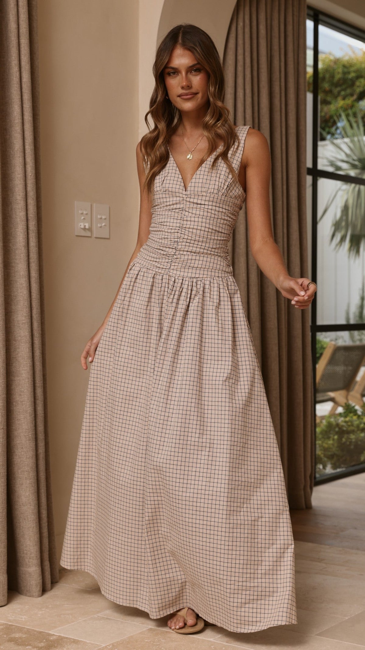 Sanya Cotton V-Neck A-Line Maxi Dress with Wide Straps – Beige Check – view 6