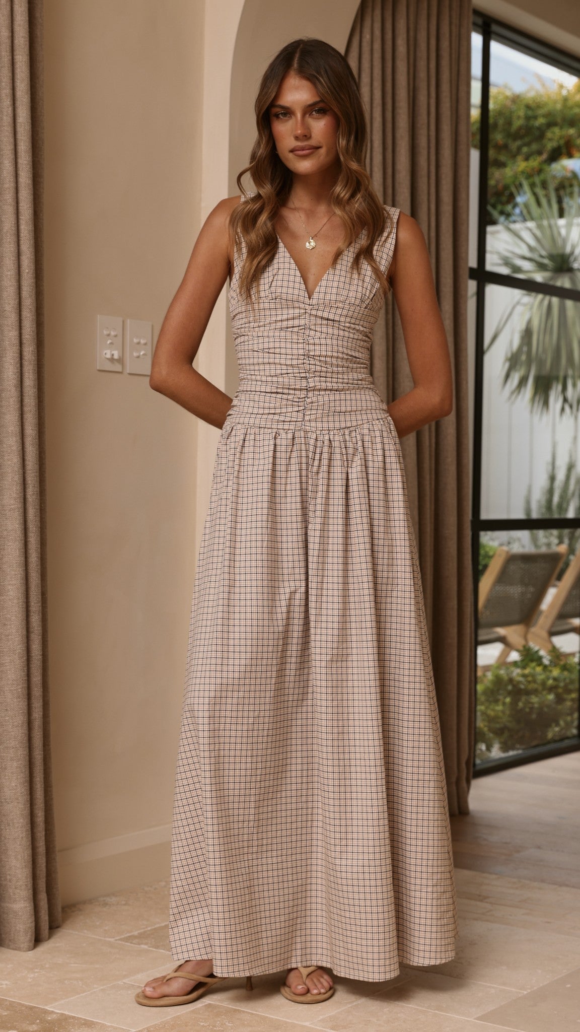 Sanya Cotton V-Neck A-Line Maxi Dress with Wide Straps – Beige Check – view 7
