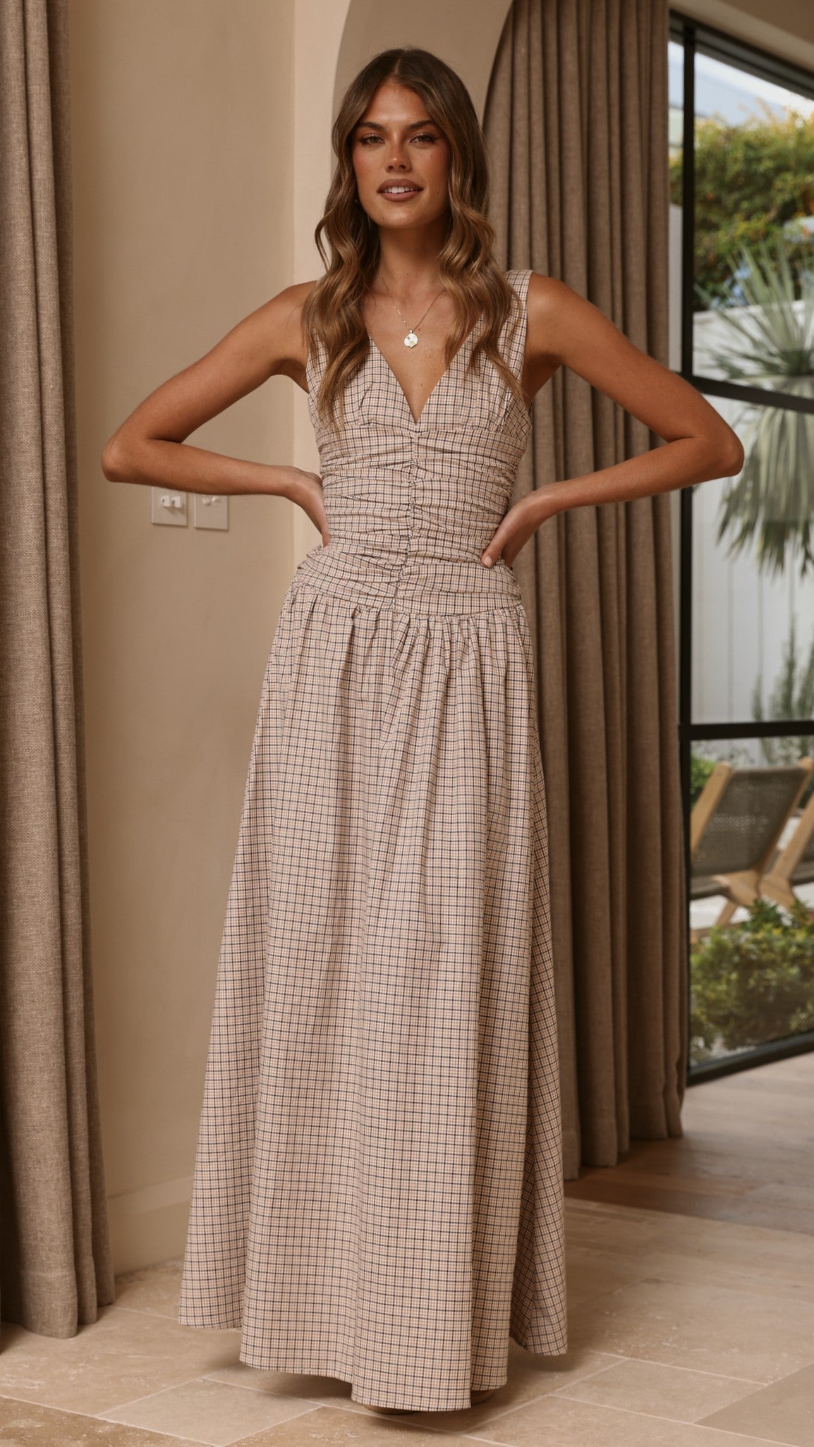 Sanya Cotton V-Neck A-Line Maxi Dress with Wide Straps – Beige Check – view 8