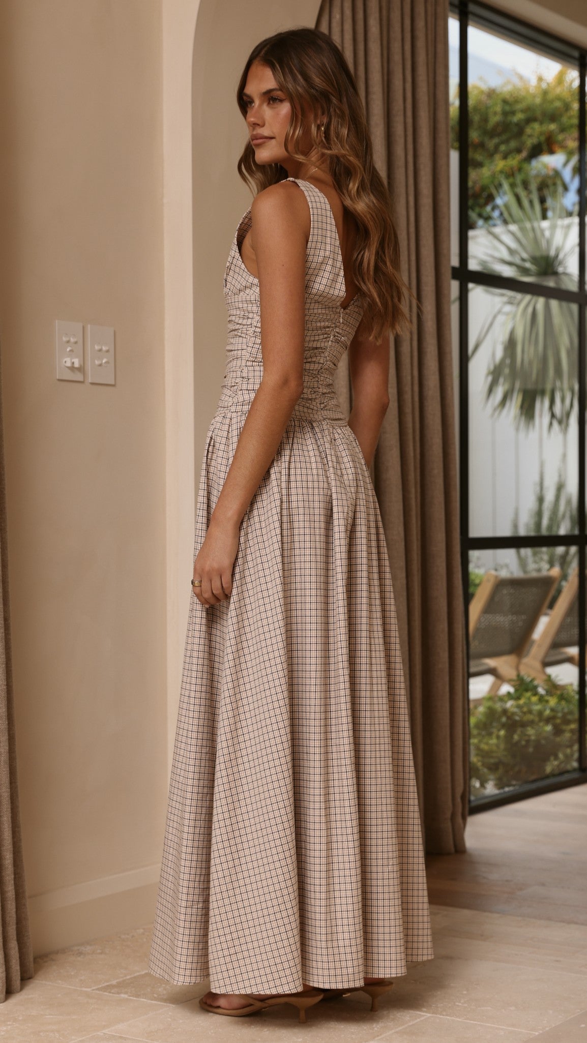 Sanya Cotton V-Neck A-Line Maxi Dress with Wide Straps – Beige Check – view 3