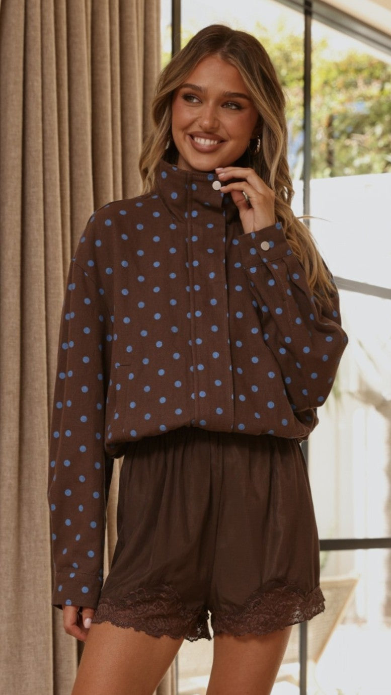 Nessie Funnel Neck Cotton Jacket with Bubble Hem – Chocolate/Blue Polka