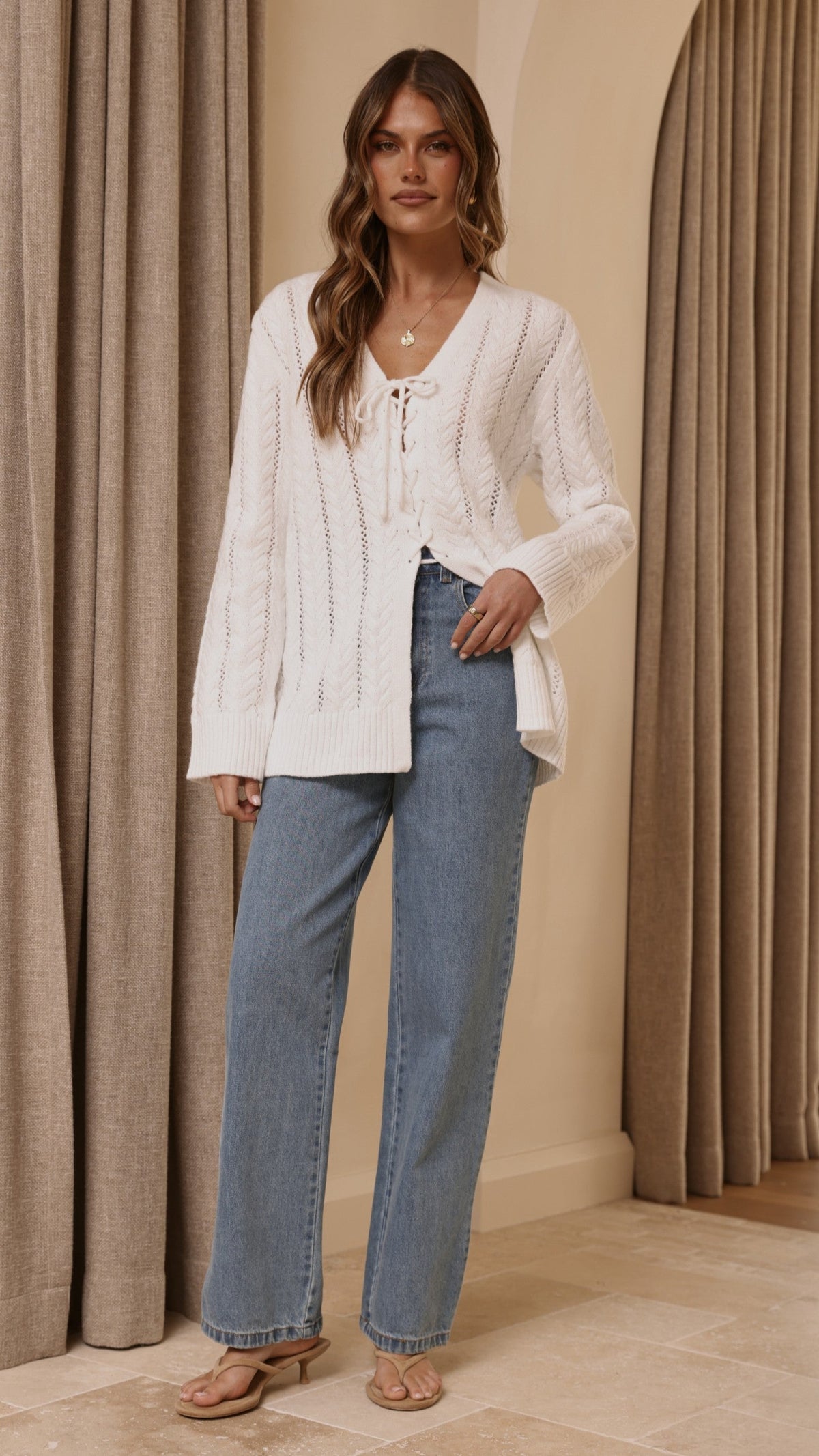 Georgia V-Neck Long Sleeve Tie Front Longline Knit Top – White – view 6