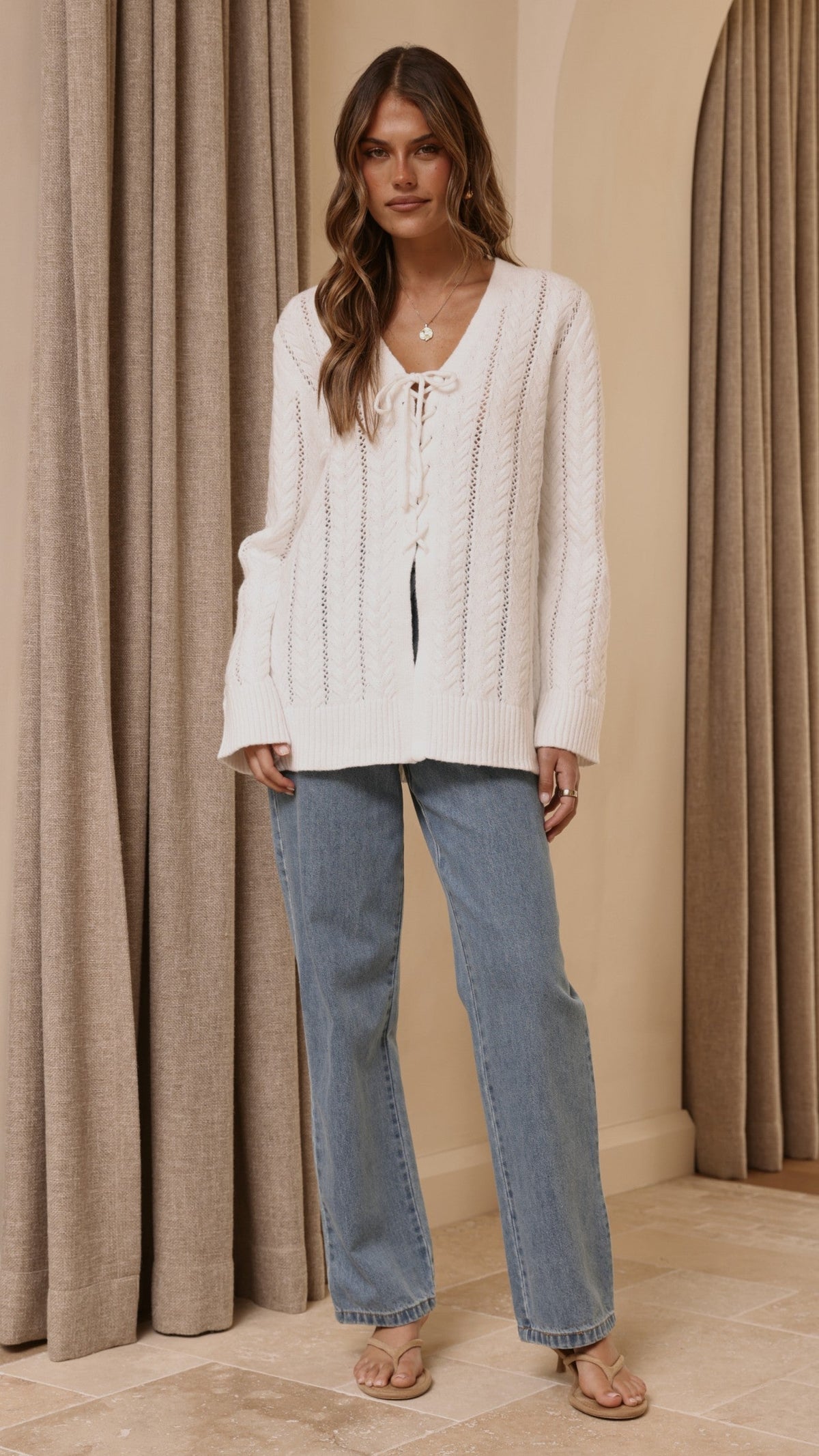 Georgia V-Neck Long Sleeve Tie Front Longline Knit Top – White – view 4