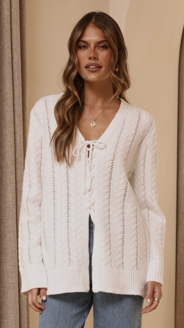 Georgia V-Neck Long Sleeve Tie Front Longline Knit Top – White – view 1