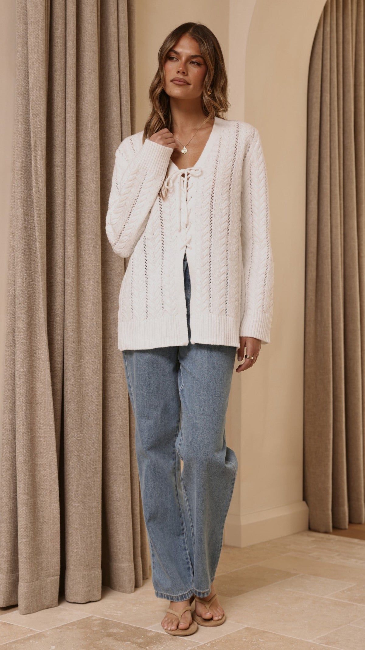 Georgia V-Neck Long Sleeve Tie Front Longline Knit Top – White – view 7