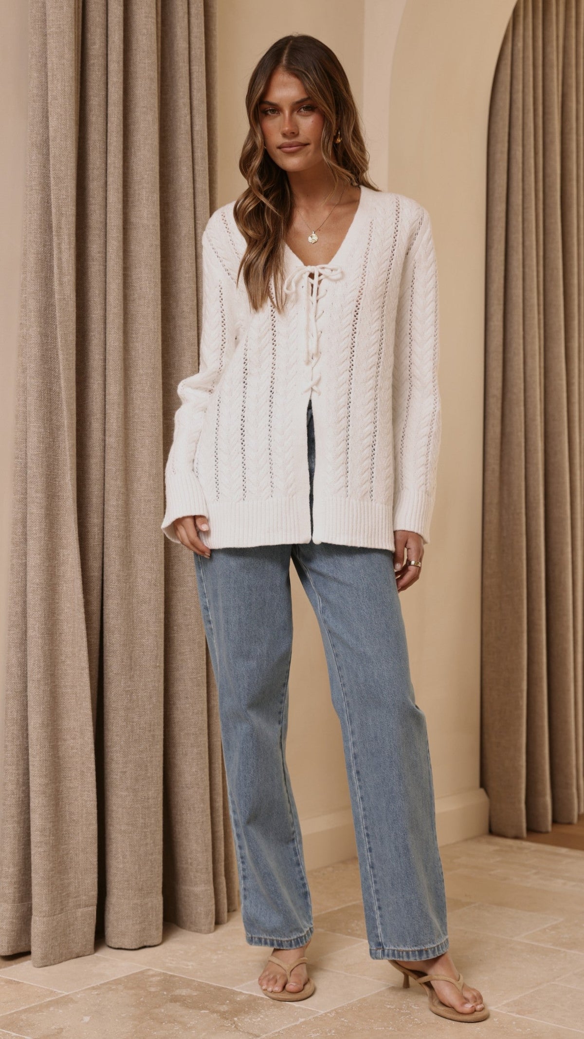 Georgia V-Neck Long Sleeve Tie Front Longline Knit Top – White – view 8