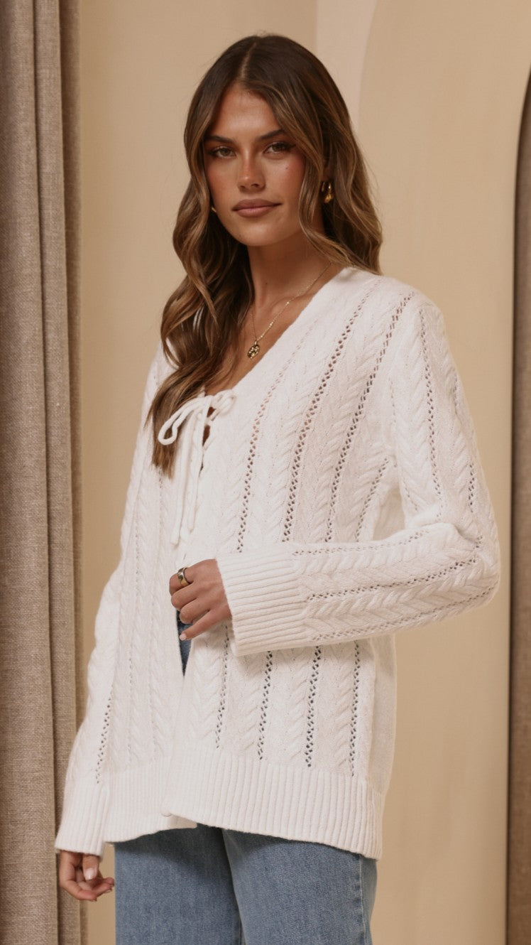 Georgia V-Neck Long Sleeve Tie Front Longline Knit Top – White – view 3