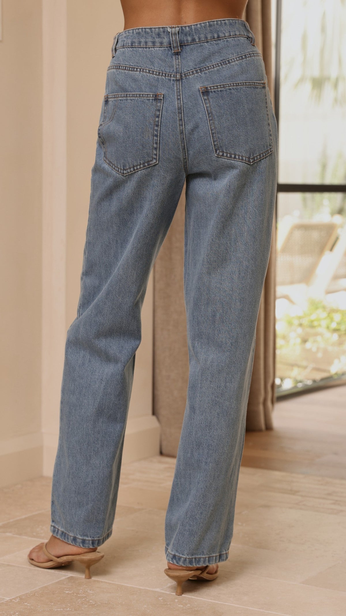Zaeli Straight Leg Jeans with Tobacco Stitching – Mid Blue – view 5