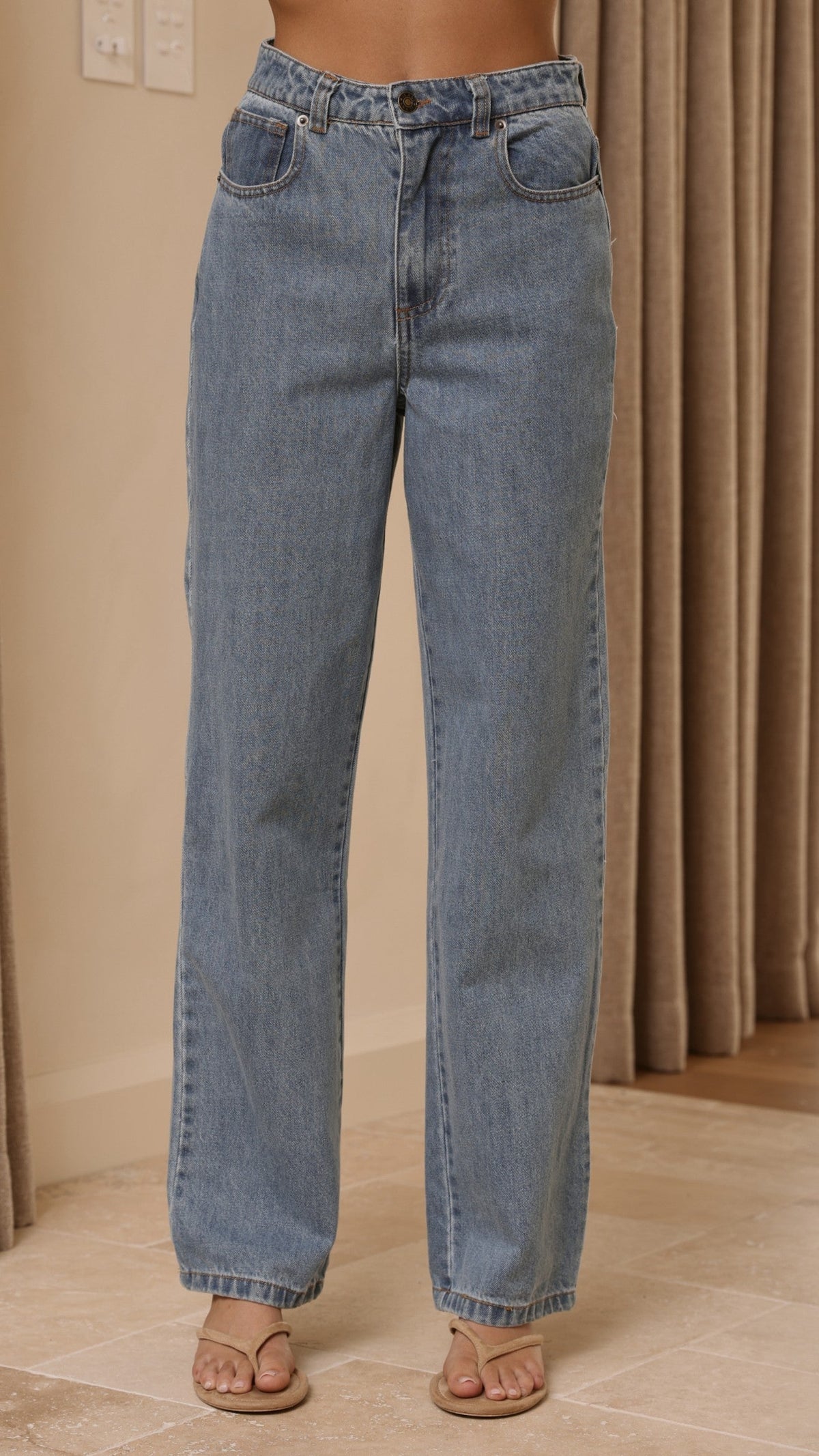 Zaeli Straight Leg Jeans with Tobacco Stitching – Mid Blue – view 4