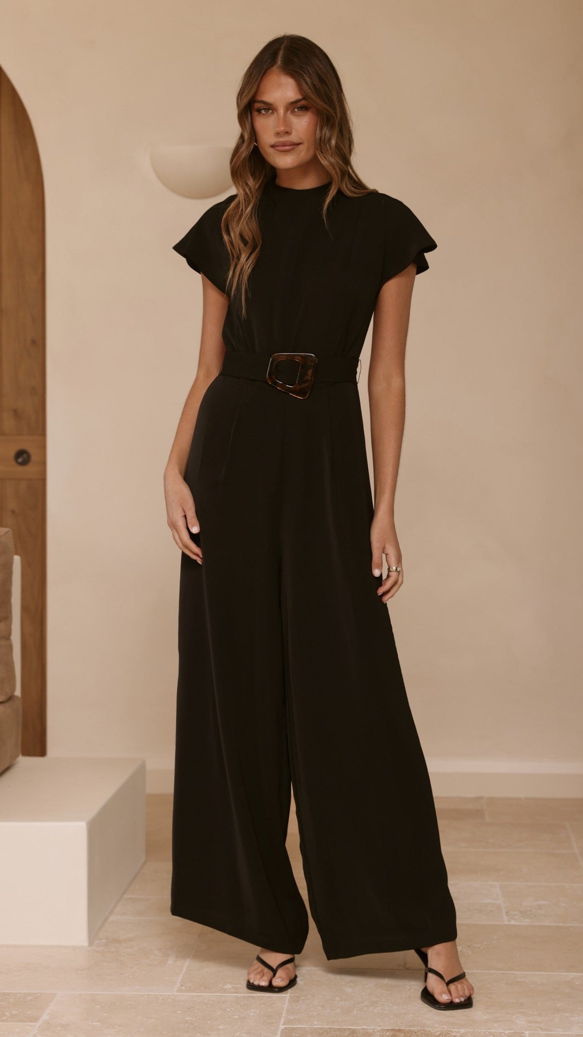 Demitra High Neck Cape Sleeve Jumpsuit with Tie Belt – Black – view 5