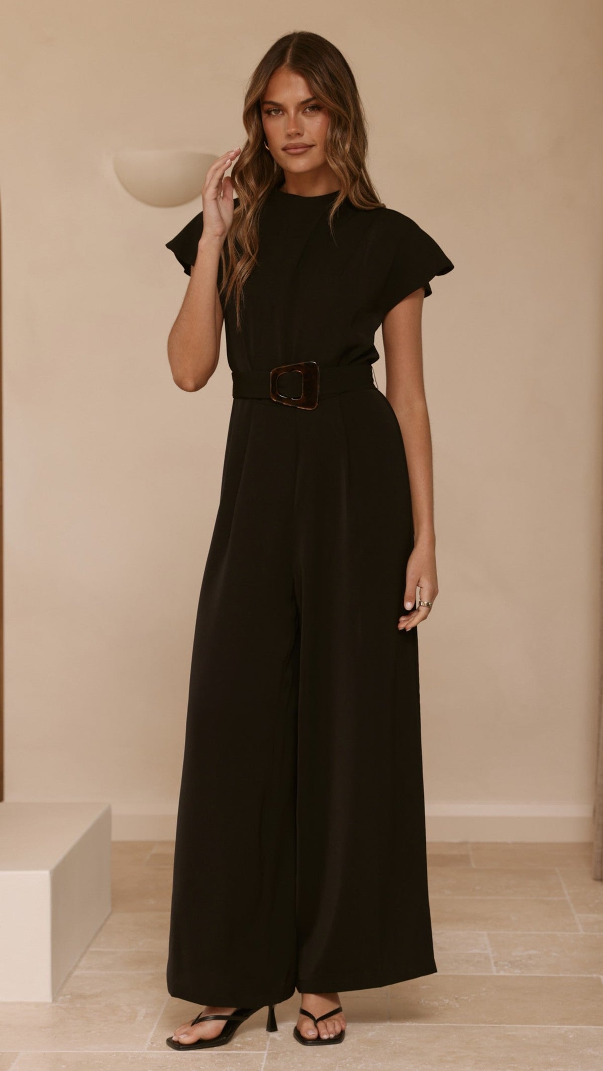 Demitra High Neck Cape Sleeve Jumpsuit with Tie Belt – Black – view 6