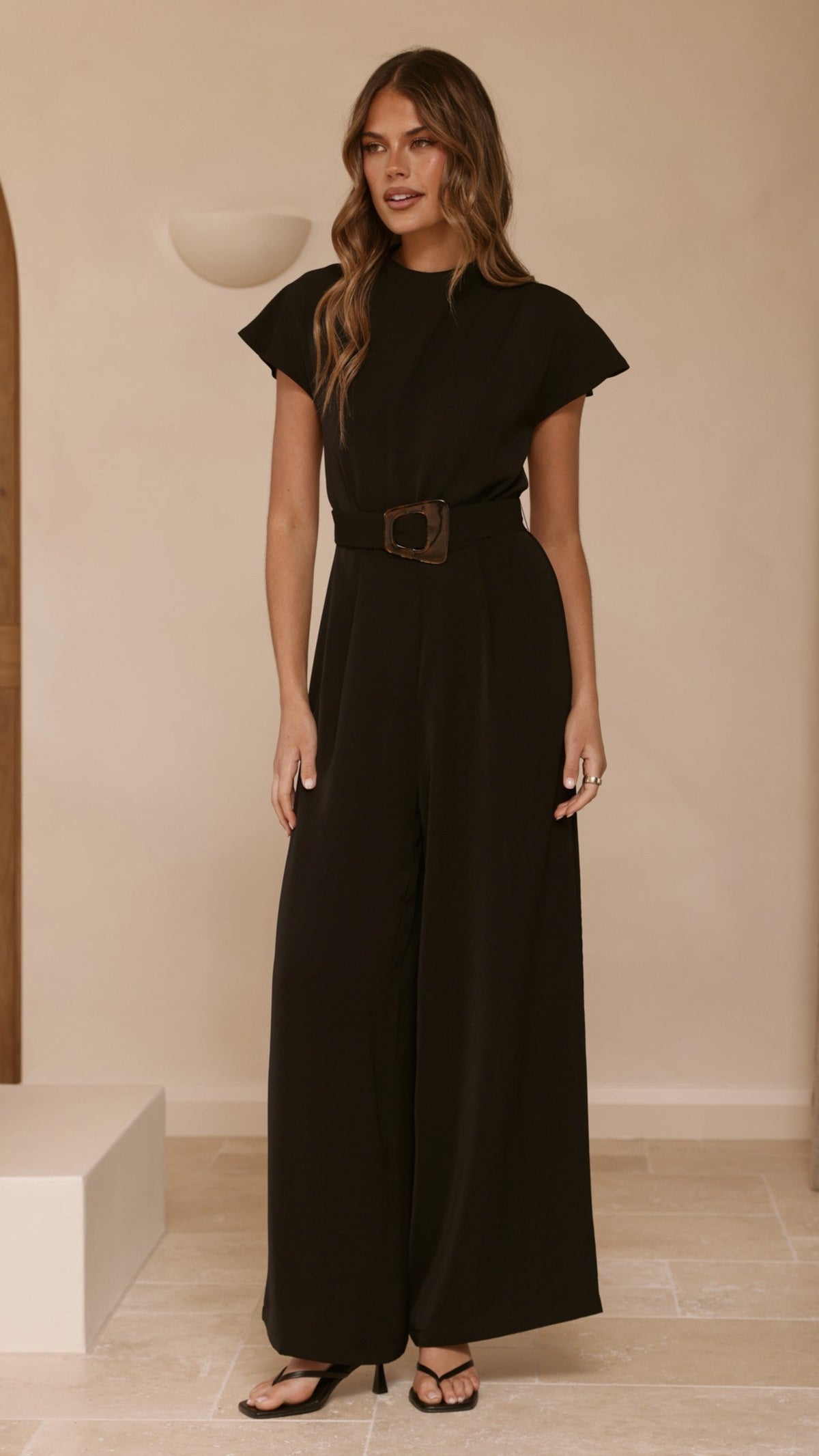 Demitra High Neck Cape Sleeve Jumpsuit with Tie Belt – Black – view 7