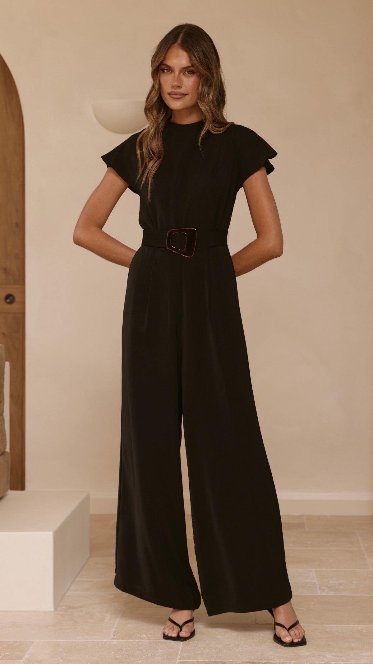 Demitra High Neck Cape Sleeve Jumpsuit with Tie Belt – Black – view 8