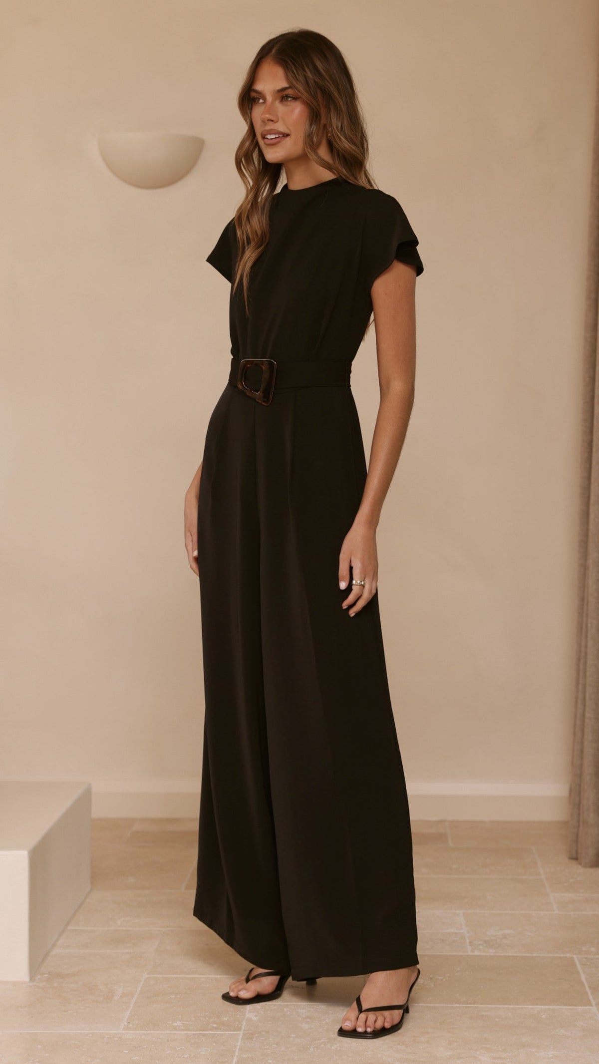 Demitra High Neck Cape Sleeve Jumpsuit with Tie Belt – Black – view 3