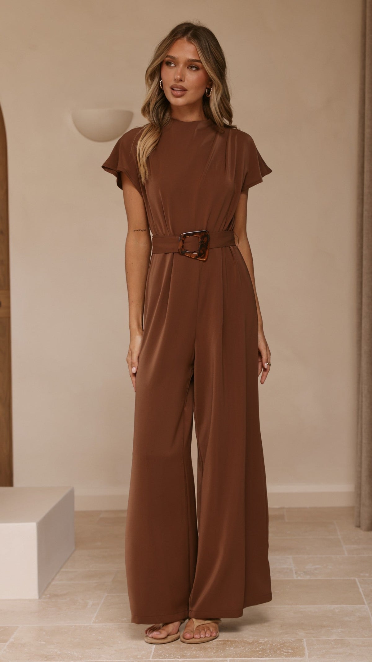 Demitra High Neck Cape Sleeve Jumpsuit with Tie Belt – Brown – view 7