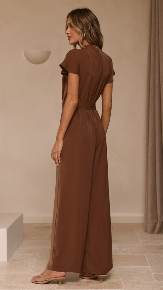 Demitra High Neck Cape Sleeve Jumpsuit with Tie Belt – Brown
