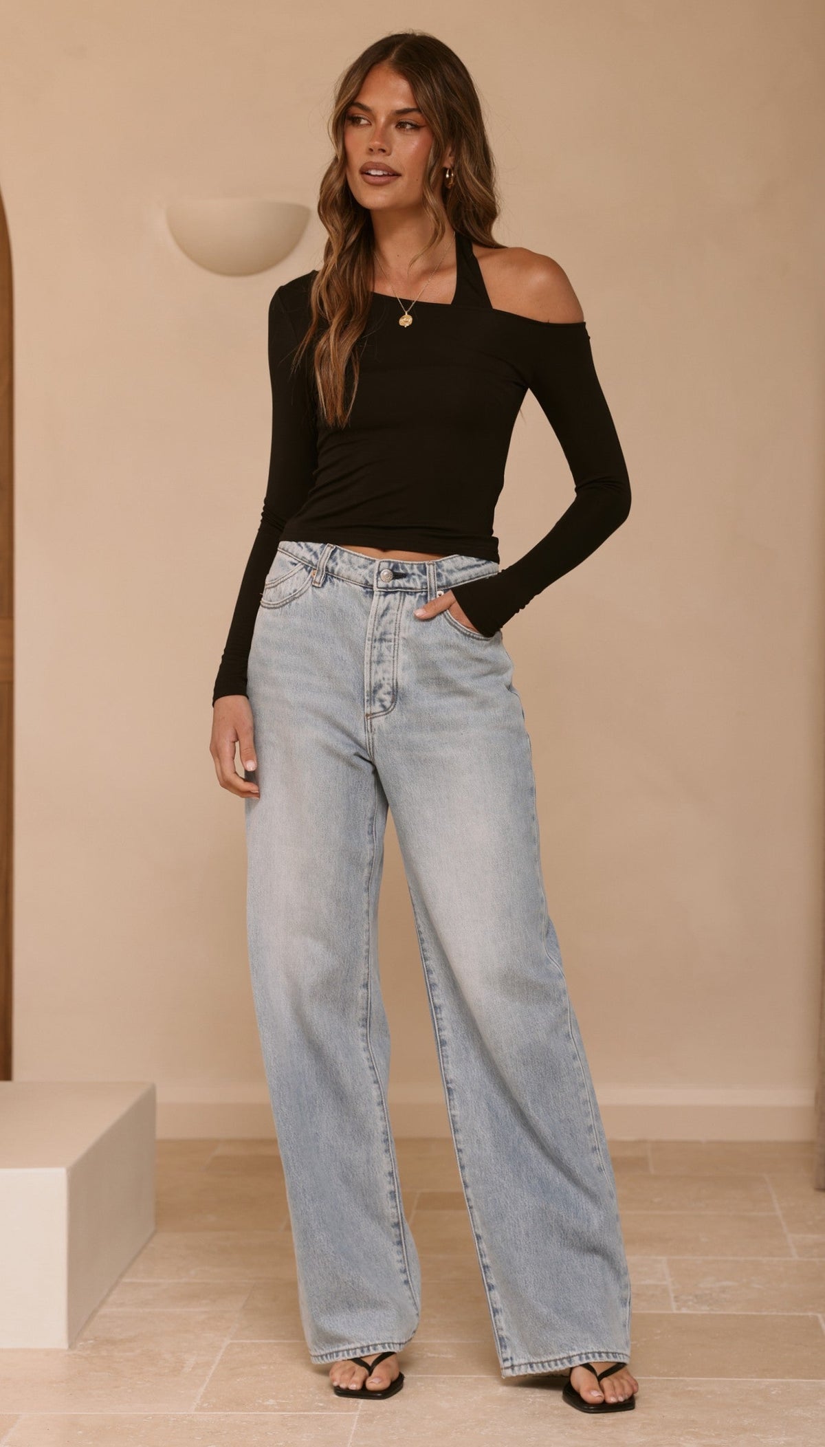Romy Off Shoulder Long Sleeve Top with Halter Underlay – Black – view 6