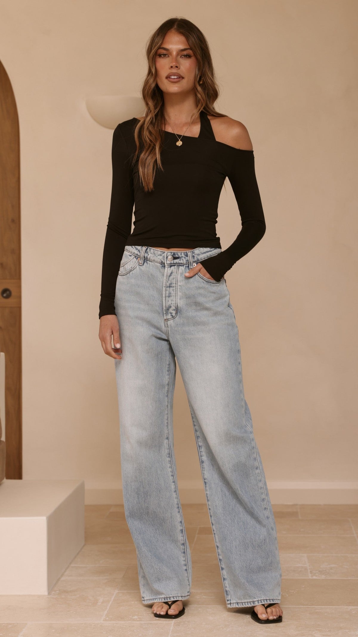 Romy Off Shoulder Long Sleeve Top with Halter Underlay – Black – view 7
