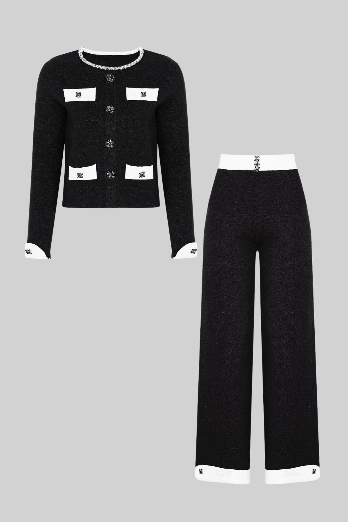 Cropped Knit Cardigan and Wide Leg Trousers Set with Contrast Trim – Black – view 6