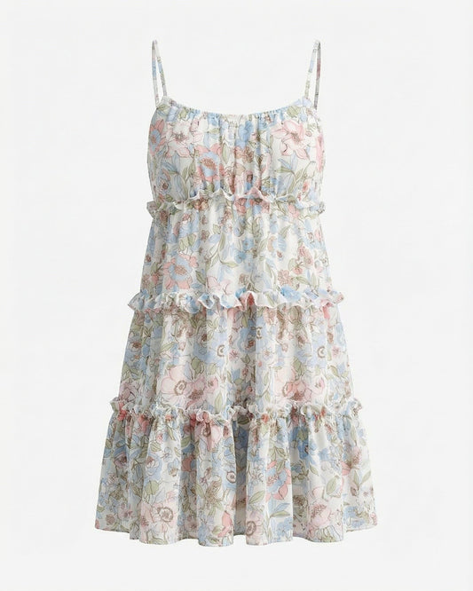 Printed Tiered Ruffle Strap Dress with Full Lining
