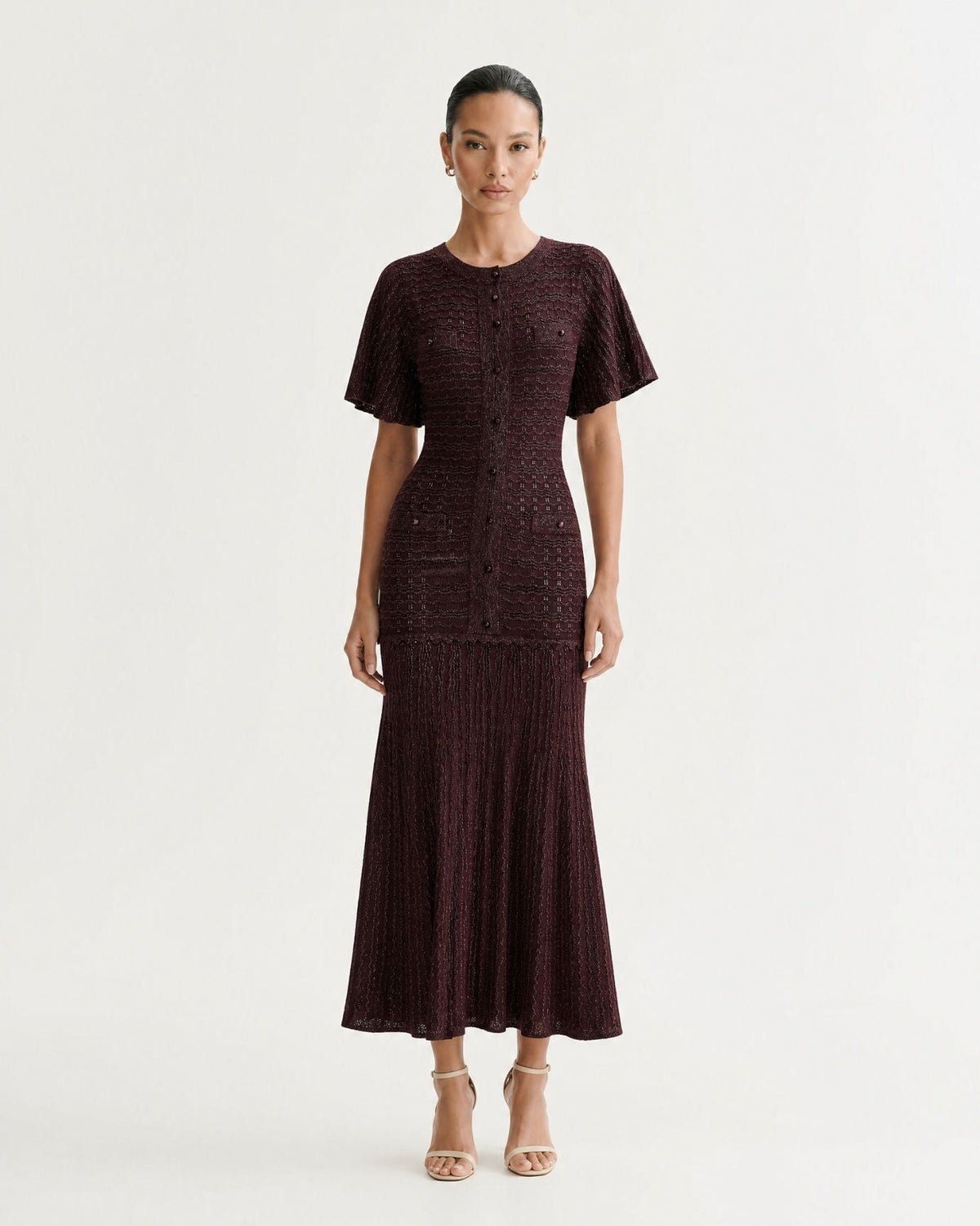 Anna Rhinestone Embellished Short Sleeve Round Neck Knit Midi Dress – view 35