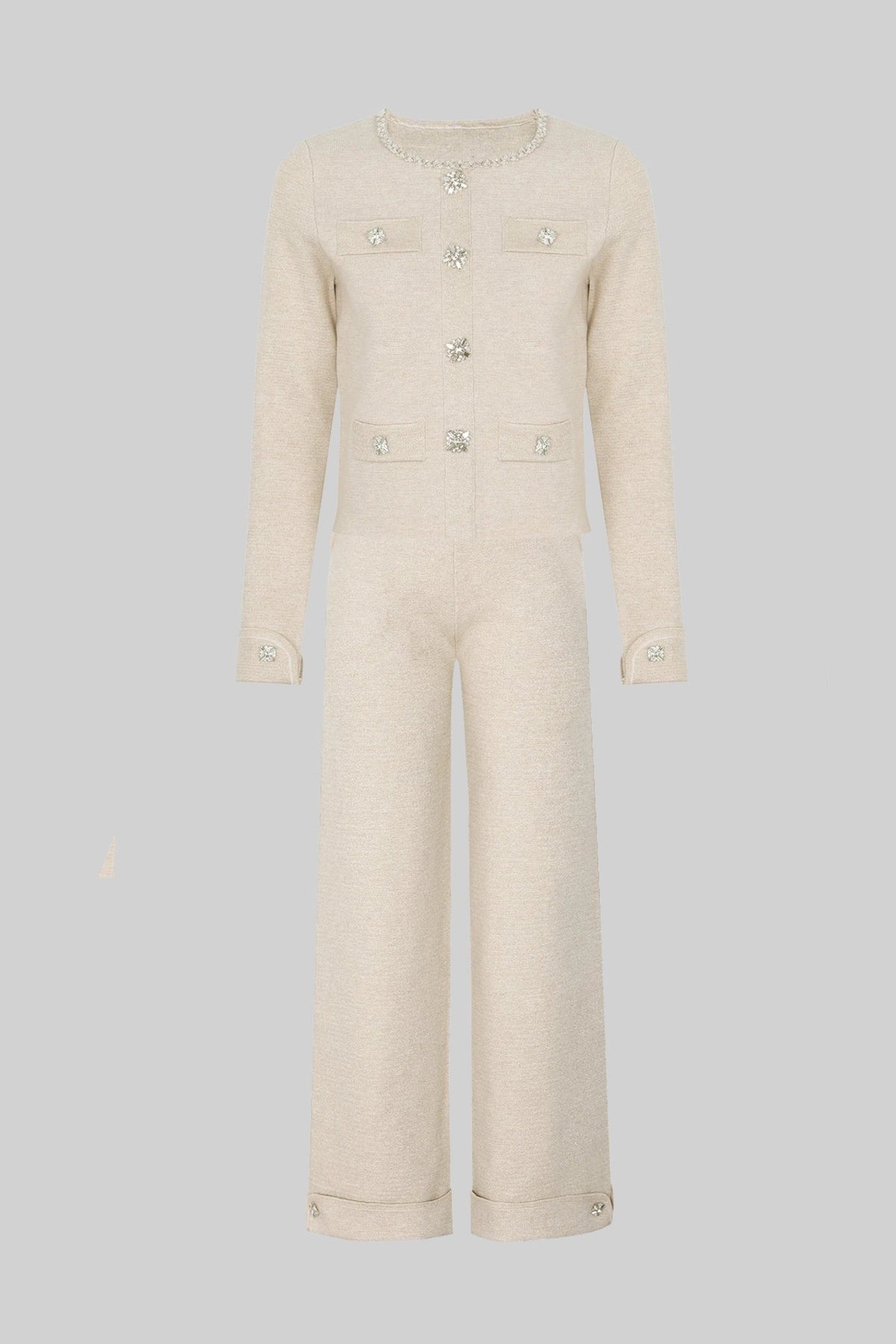 Embellished Cropped Knit Cardigan and Wide Leg Trousers Set – Beige