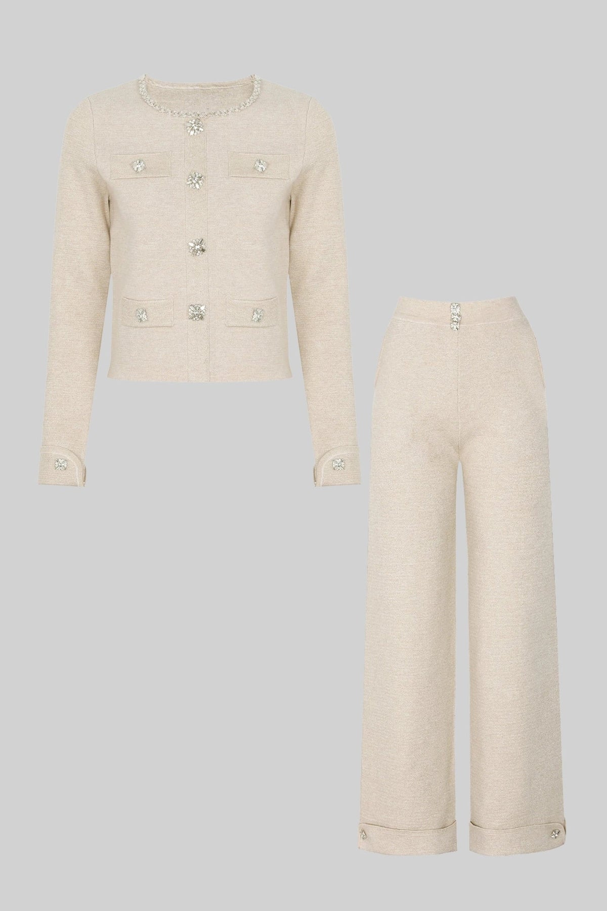 Embellished Cropped Knit Cardigan and Wide Leg Trousers Set – Beige