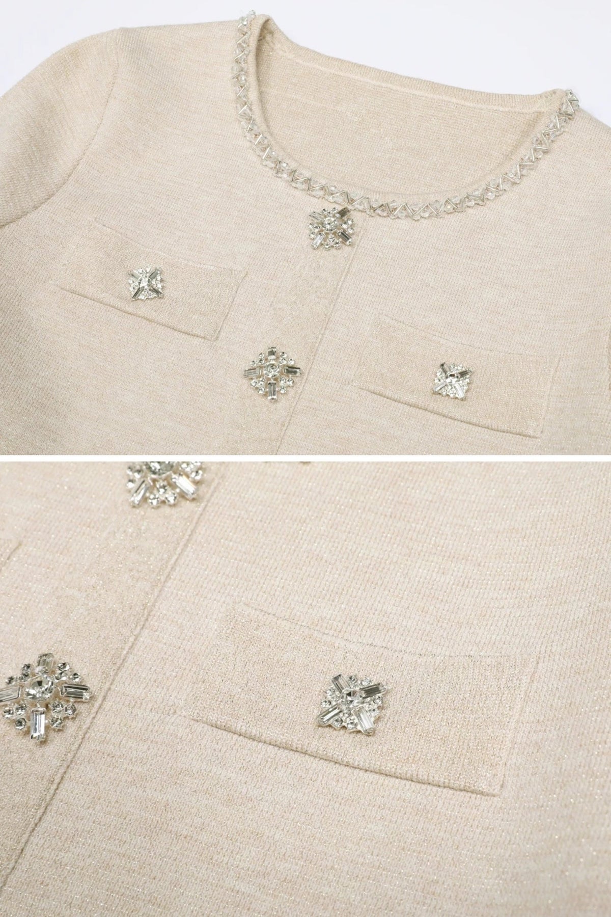 Embellished Cropped Knit Cardigan and Wide Leg Trousers Set – Beige – view 7