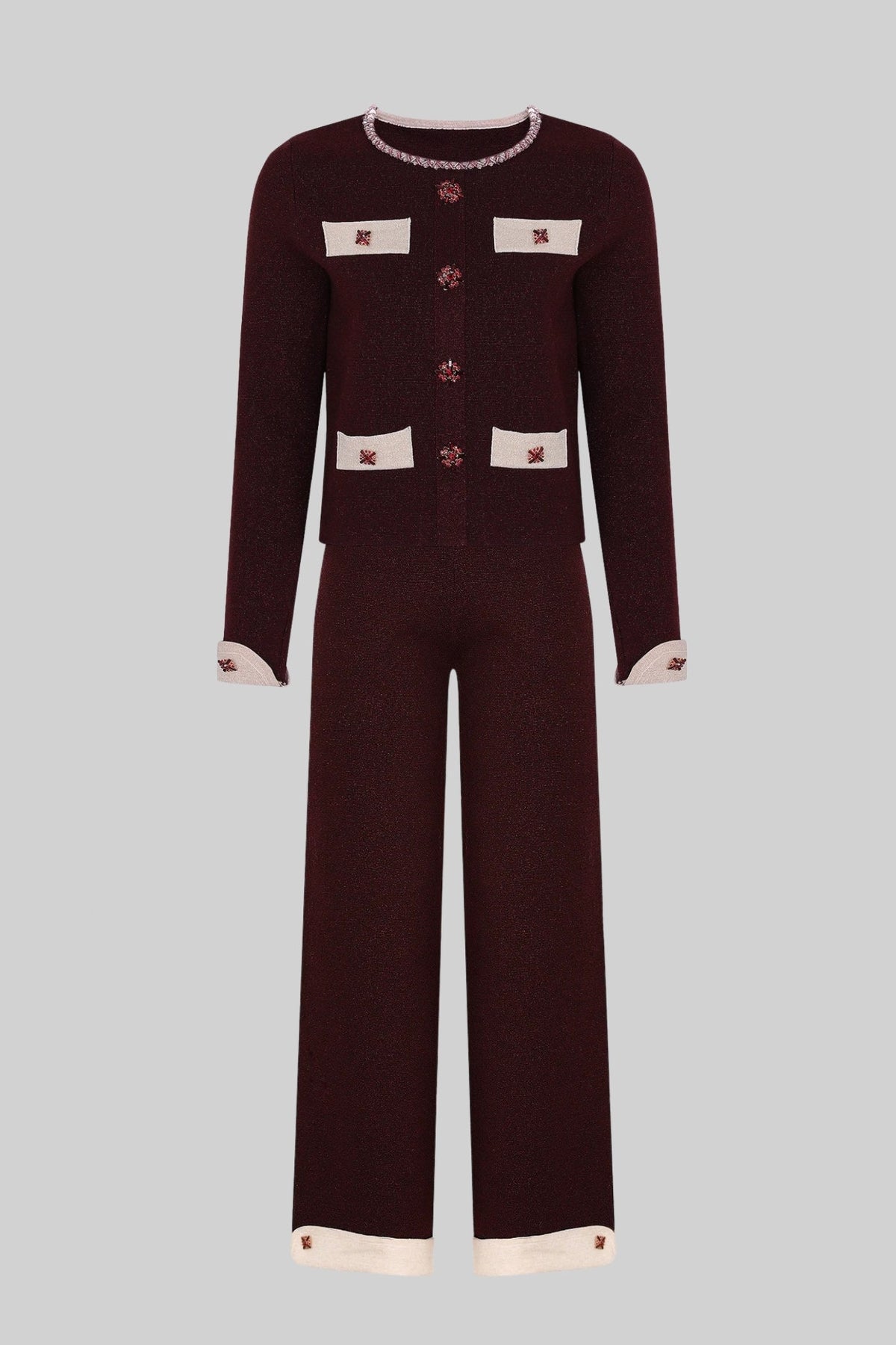 Cropped Knit Cardigan and Wide Leg Trousers Set with Contrast Trim – Burgundy