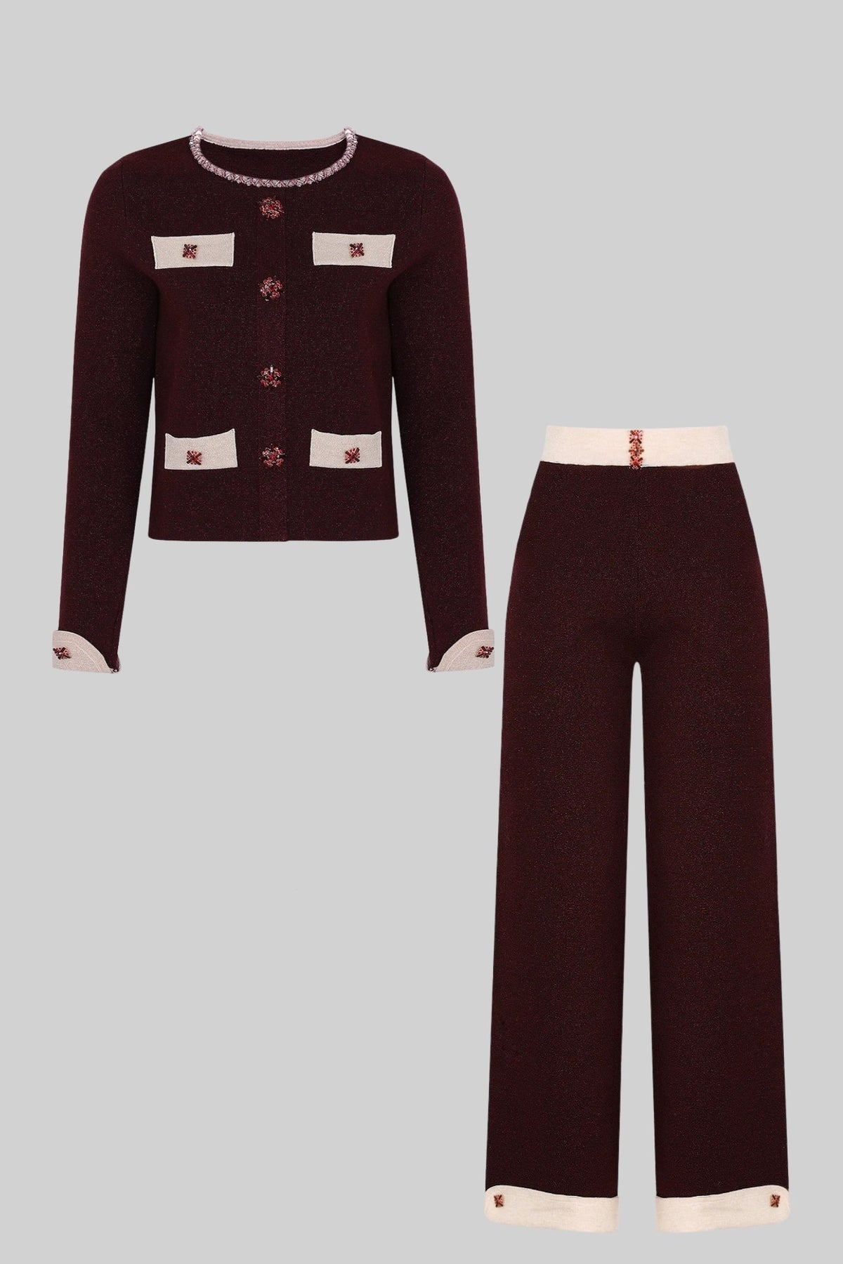 Cropped Knit Cardigan and Wide Leg Trousers Set with Contrast Trim – Burgundy – view 10