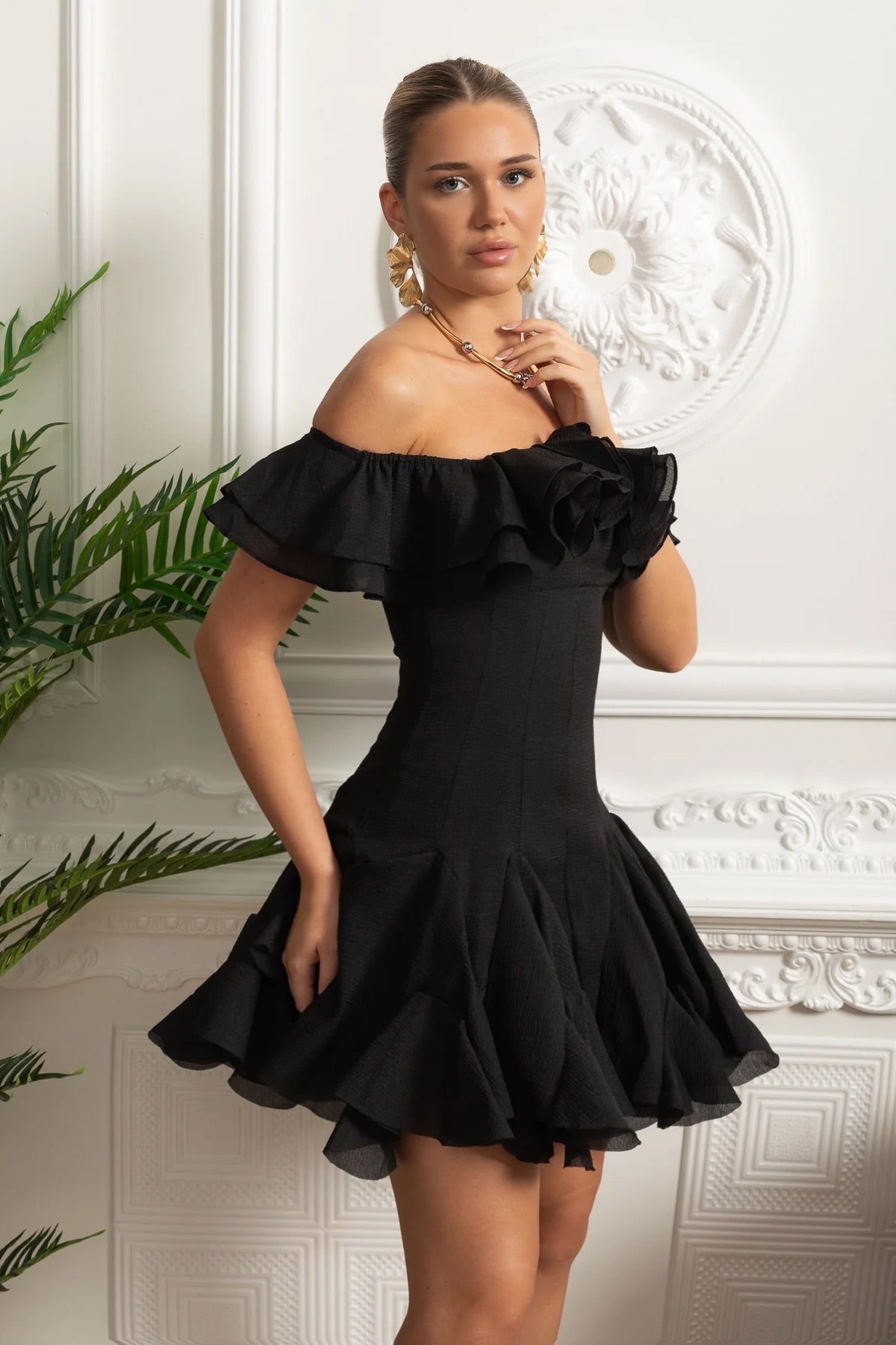 Off-Shoulder Organza Mini Dress with Ruffle Trim and Flared Skirt – Black