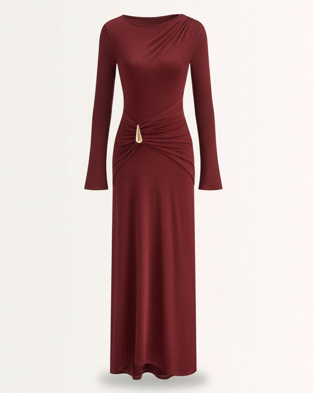 Round Neck Long Sleeve Stretch Knit Midi Dress – Claret – view 1
