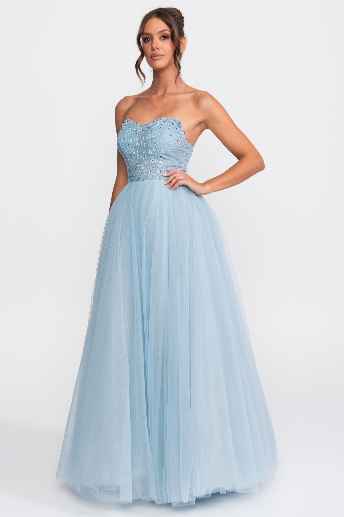 Strapless Sweetheart Tulle Ball Gown with Sequin Embellishment – Light Blue – view 3