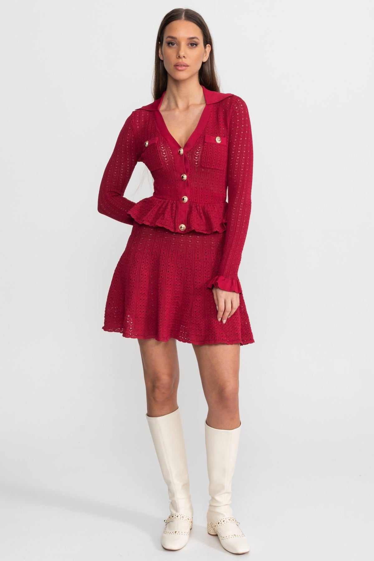 Pointelle Knit Long Sleeve Peplum Mini Dress with Gold Buttons – Dark Red – view 3